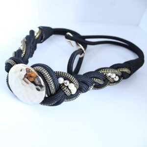 Vintage 80's Black Braided Cord With Gold Tone Hardware Faux Pearls ~S~